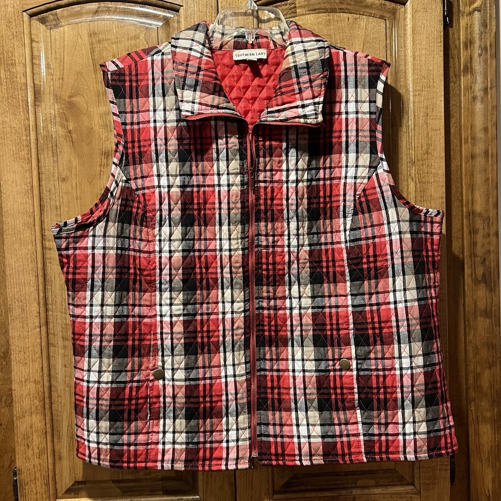 Southern Lady Women's red plaid vest sleeveless zip up pockets size 1X Christmas